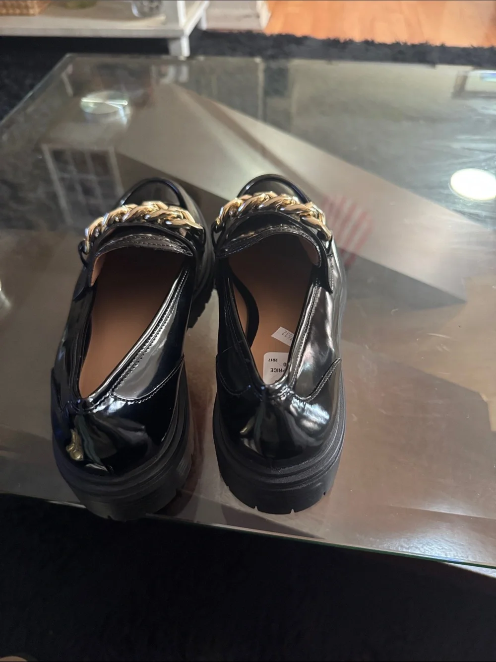 INC International Concepts Black Patent Loafers with Gold Chain